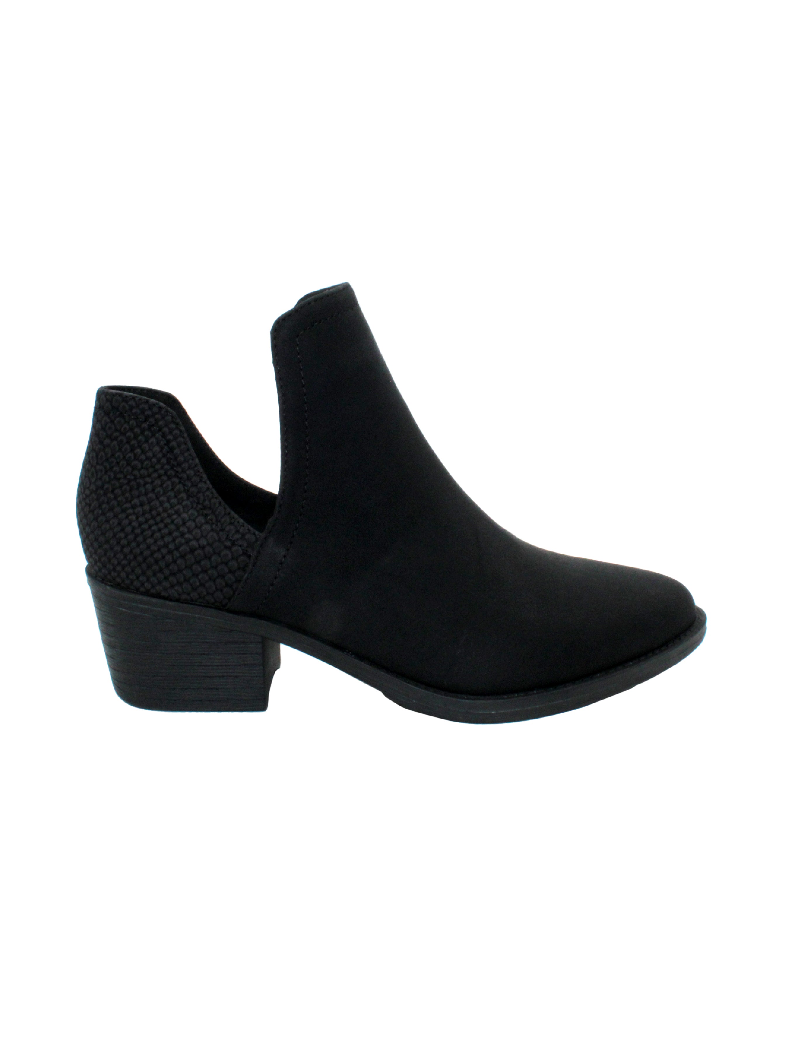 Our fan favorite CHRONICLE bootie by Volatile has been crafted in exotic materials, embossed faux croco or multicolored faux snake, for the new fall season. The upper features an attractive open shank that complement dresses and jeans alike. The padded insole is stationed atop a flexible and sturdy rubber outsole.